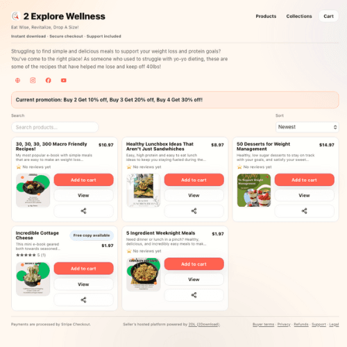 Example 2DL storefront showing products, pricing, and secure checkout